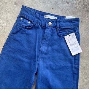 Zara Straight Fit Super High Rise Full Length Ridge Size 0 Blue Jeans